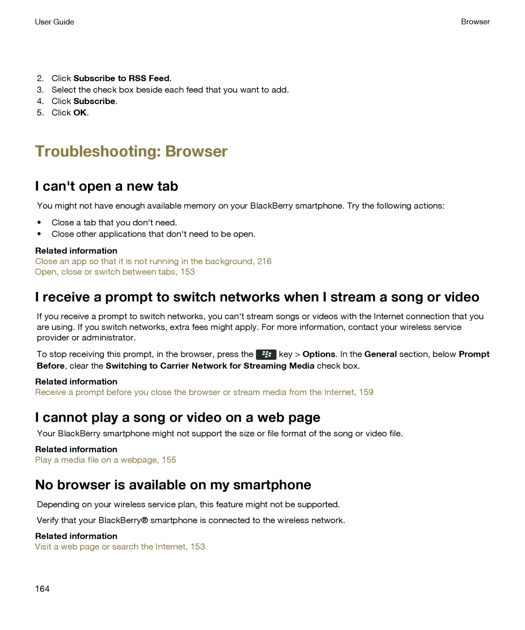 Blackberry P'9981 manual Troubleshooting Browser, Cant open a new tab, Cannot play a song or video on a web 