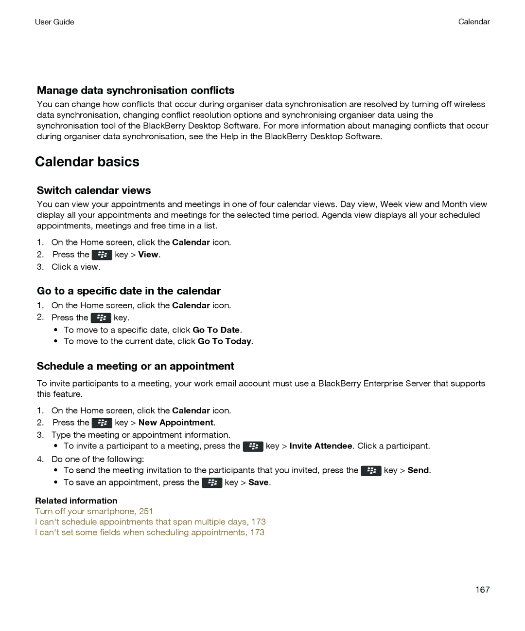 Blackberry P'9981 manual Calendar basics, Manage data synchronisation conflicts, Switch calendar views 