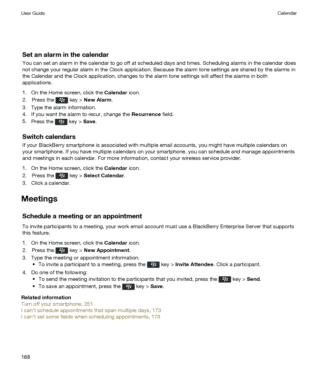 Blackberry P'9981 manual Meetings, Set an alarm in the calendar, Switch calendars 