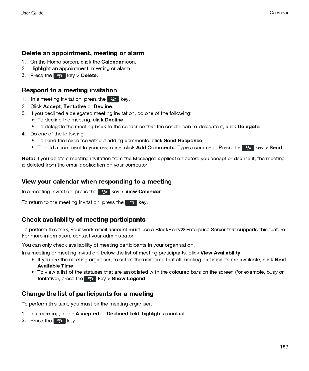 Blackberry P'9981 manual Delete an appointment, meeting or alarm, Respond to a meeting invitation 