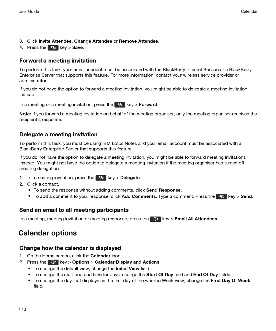 Blackberry P'9981 manual Calendar options, Forward a meeting invitation, Delegate a meeting invitation 