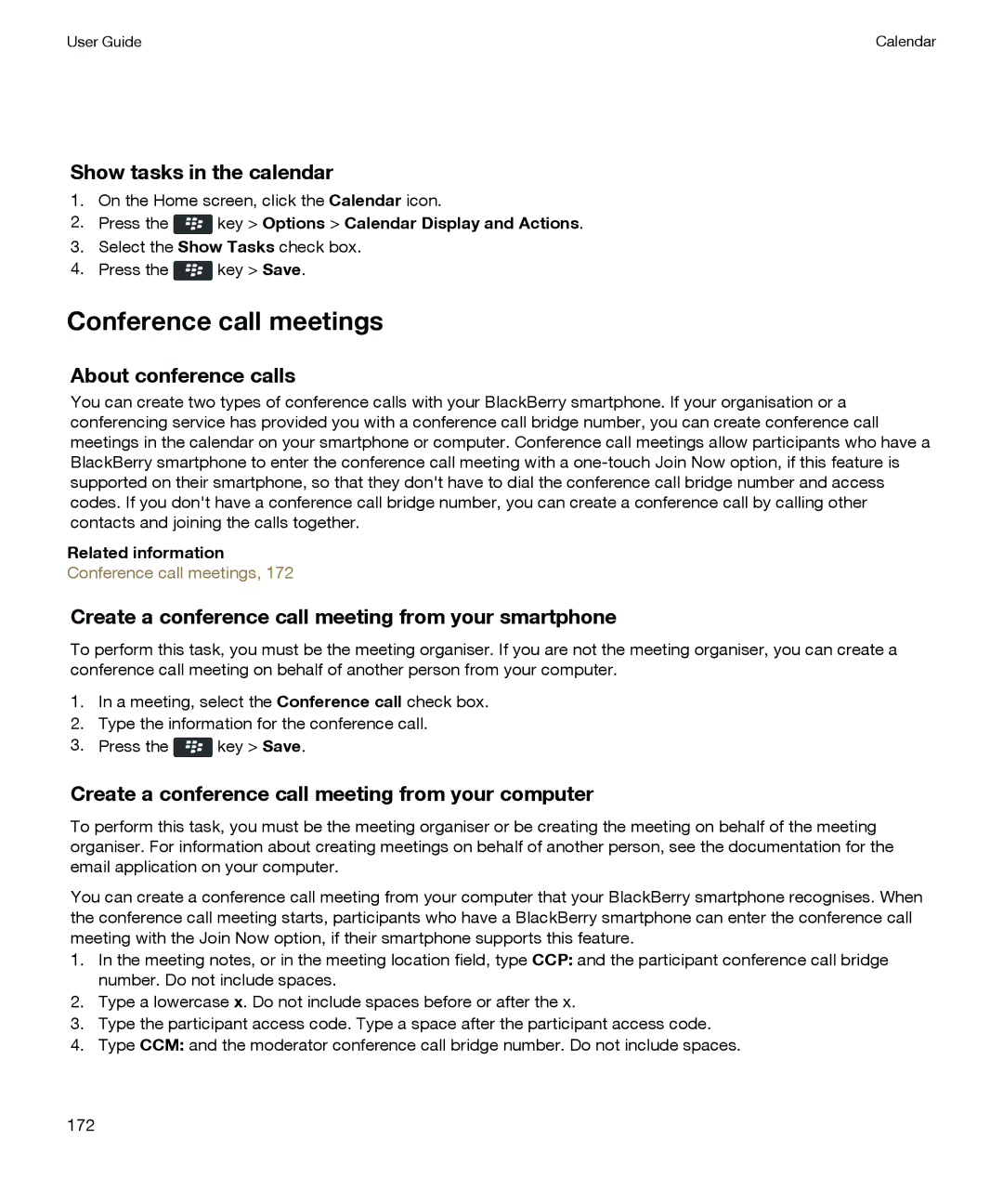 Blackberry P'9981 manual Show tasks in the calendar, Related information Conference call meetings 