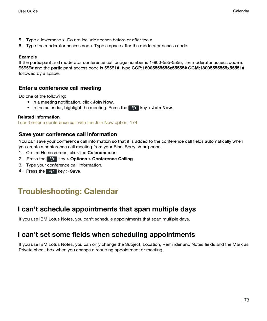 Blackberry P'9981 manual Troubleshooting Calendar, Cant schedule appointments that span multiple days 