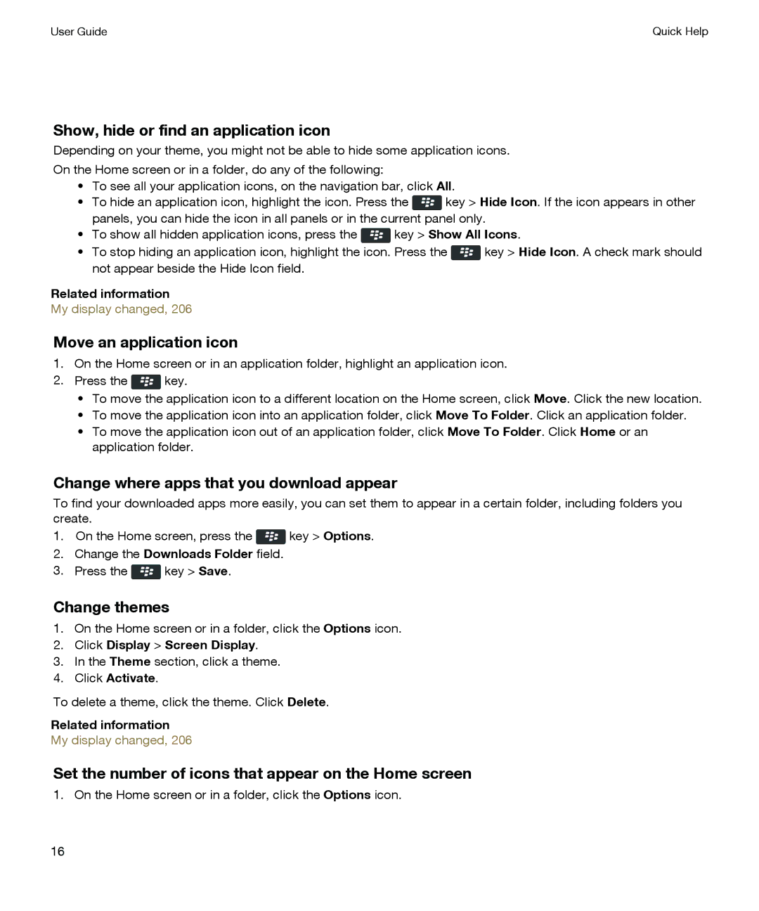 Blackberry P'9981 manual Show, hide or find an application icon, Move an application icon, Change themes 