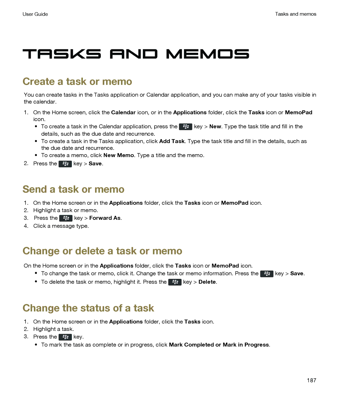 Blackberry P'9981 manual Tasks and memos, Create a task or memo, Send a task or memo, Change or delete a task or memo 