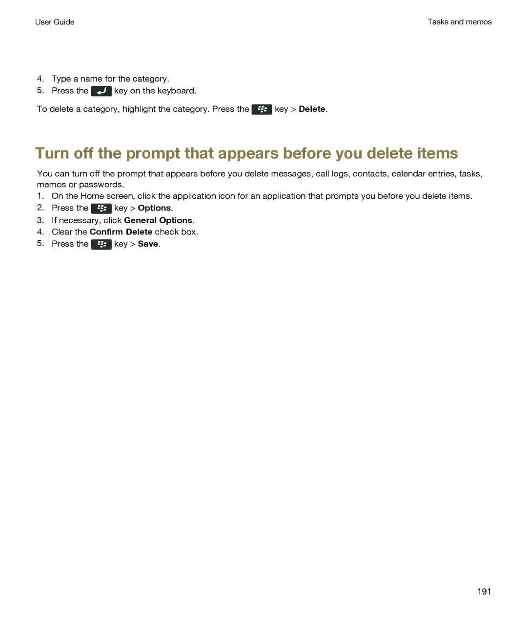 Blackberry P'9981 manual Turn off the prompt that appears before you delete items 