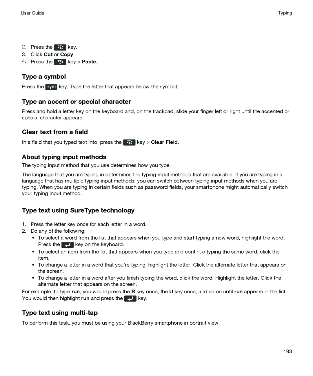 Blackberry P'9981 Type a symbol, Type an accent or special character, Clear text from a field, About typing input methods 