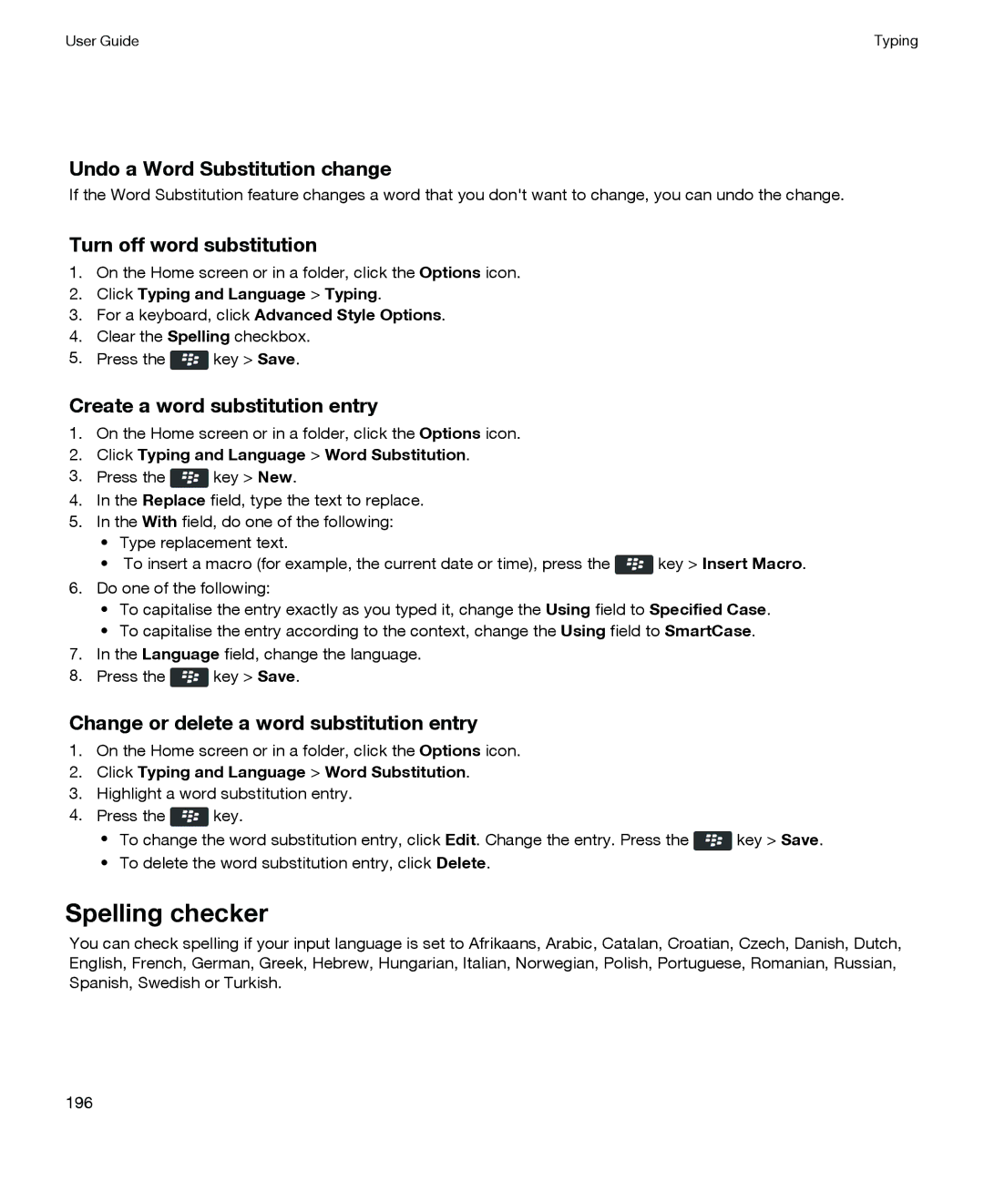 Blackberry P'9981 manual Spelling checker, Undo a Word Substitution change, Turn off word substitution 