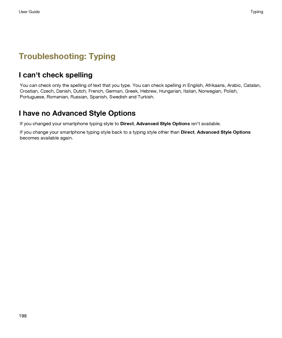 Blackberry P'9981 manual Troubleshooting Typing, Cant check spelling, Have no Advanced Style Options 