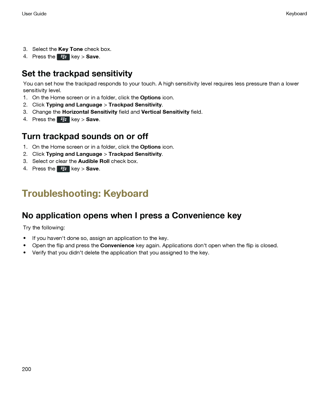 Blackberry P'9981 manual Troubleshooting Keyboard, Set the trackpad sensitivity, Turn trackpad sounds on or off 