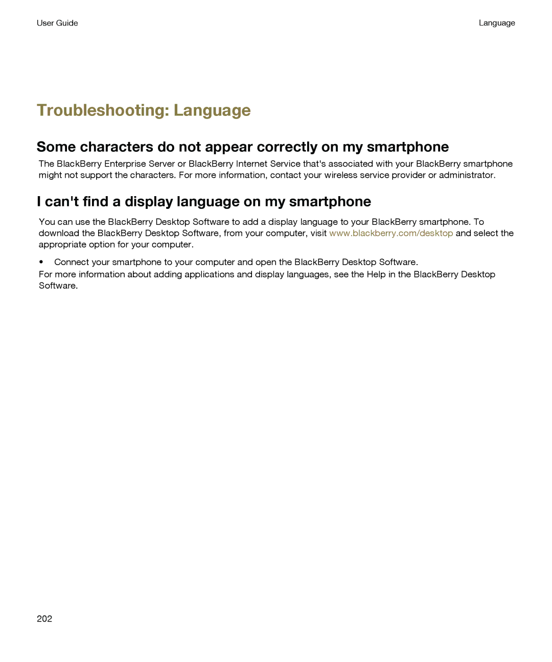 Blackberry P'9981 manual Troubleshooting Language, Some characters do not appear correctly on my smartphone 