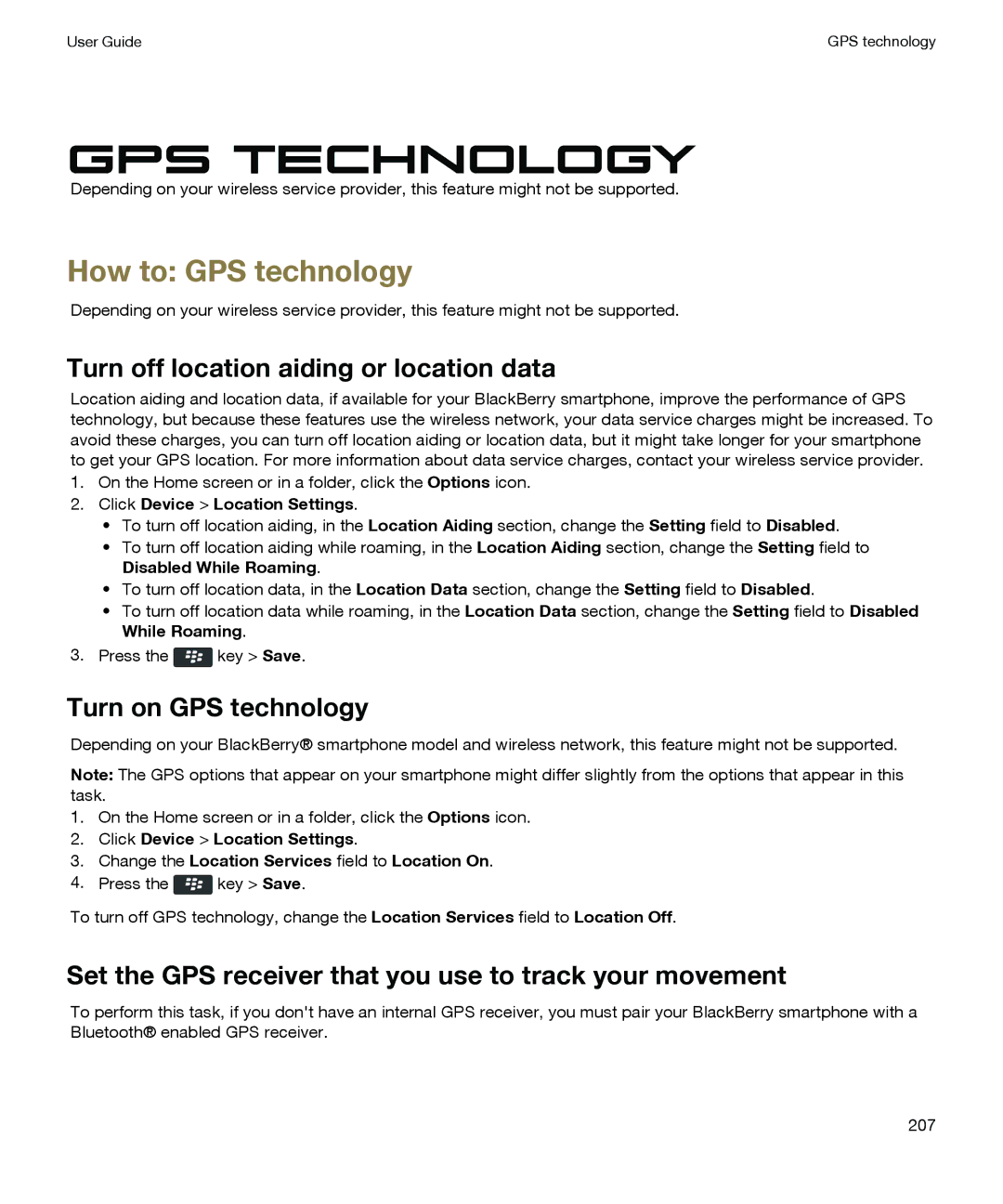 Blackberry P'9981 manual How to GPS technology, Turn off location aiding or location data, Turn on GPS technology 