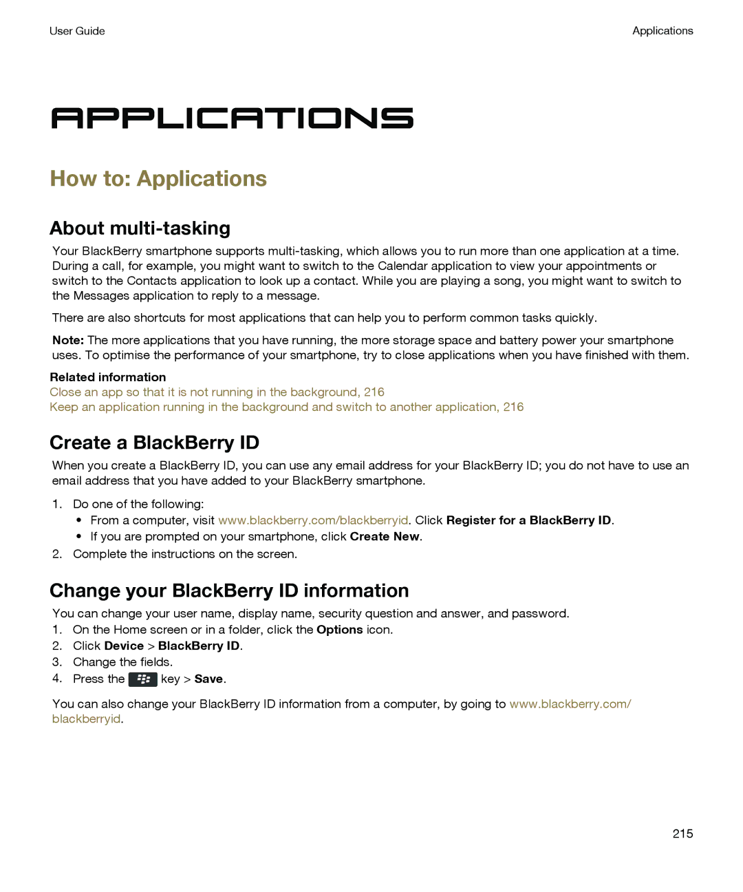 Blackberry P'9981 manual How to Applications, About multi-tasking, Create a BlackBerry ID 