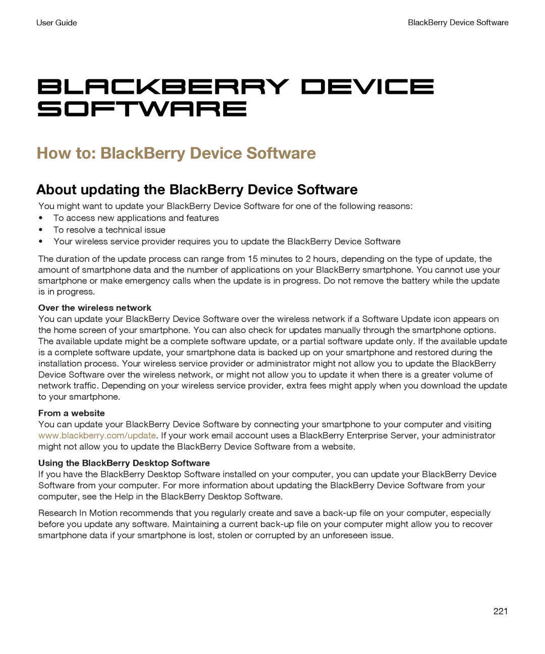 Blackberry P'9981 manual How to BlackBerry Device Software, About updating the BlackBerry Device Software 