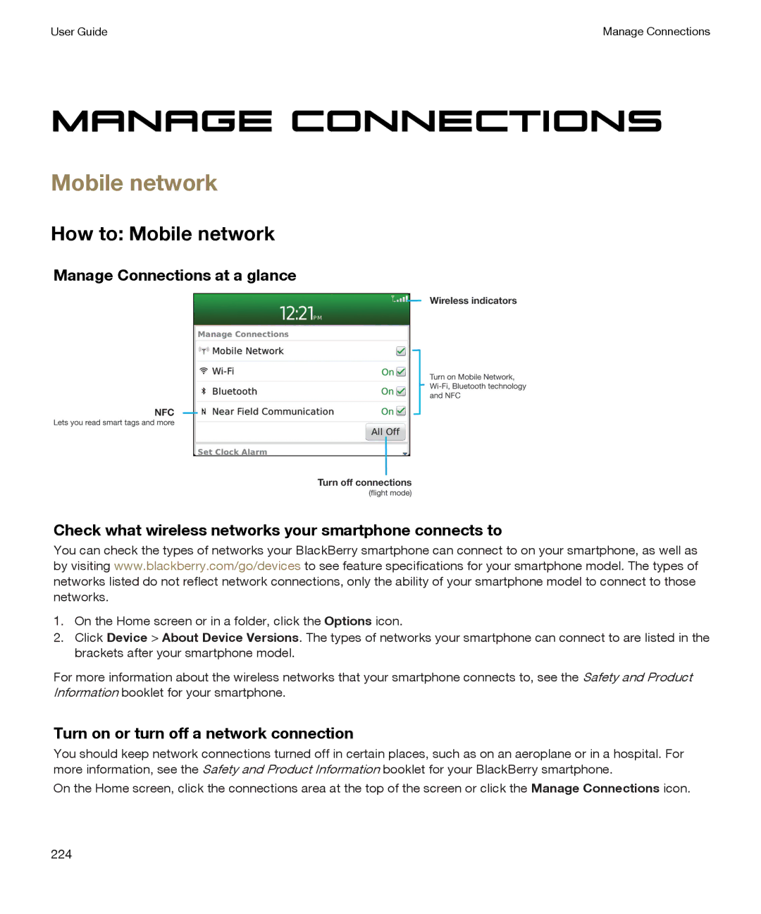 Blackberry P'9981 manual Manage Connections, How to Mobile network, Turn on or turn off a network connection 