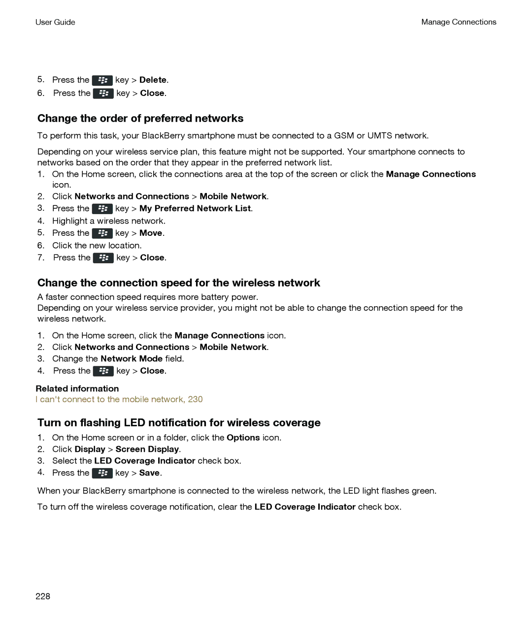 Blackberry P'9981 manual Change the order of preferred networks, Change the connection speed for the wireless network 