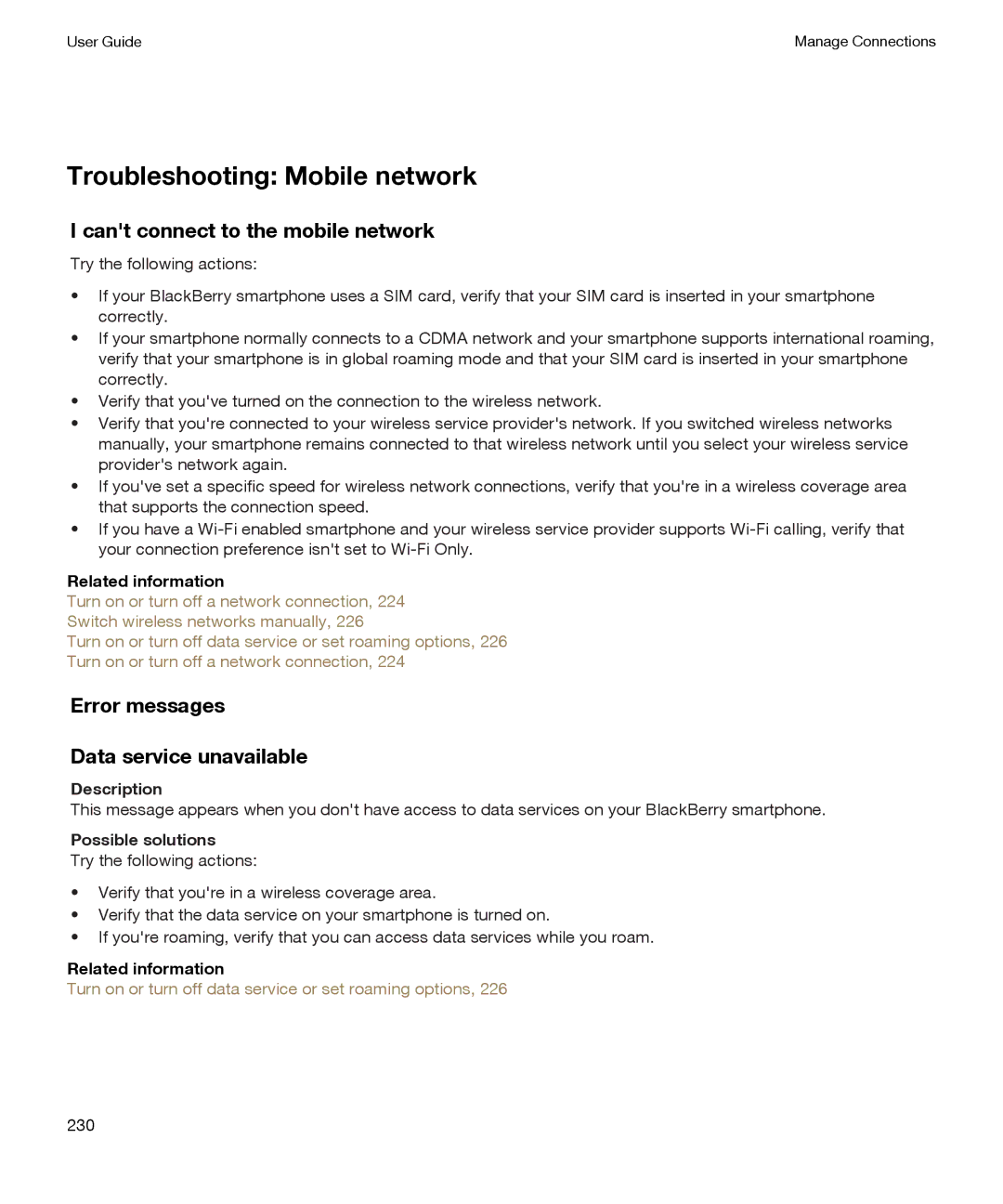 Blackberry P'9981 manual Troubleshooting Mobile network, Cant connect to the mobile network, Possible solutions 