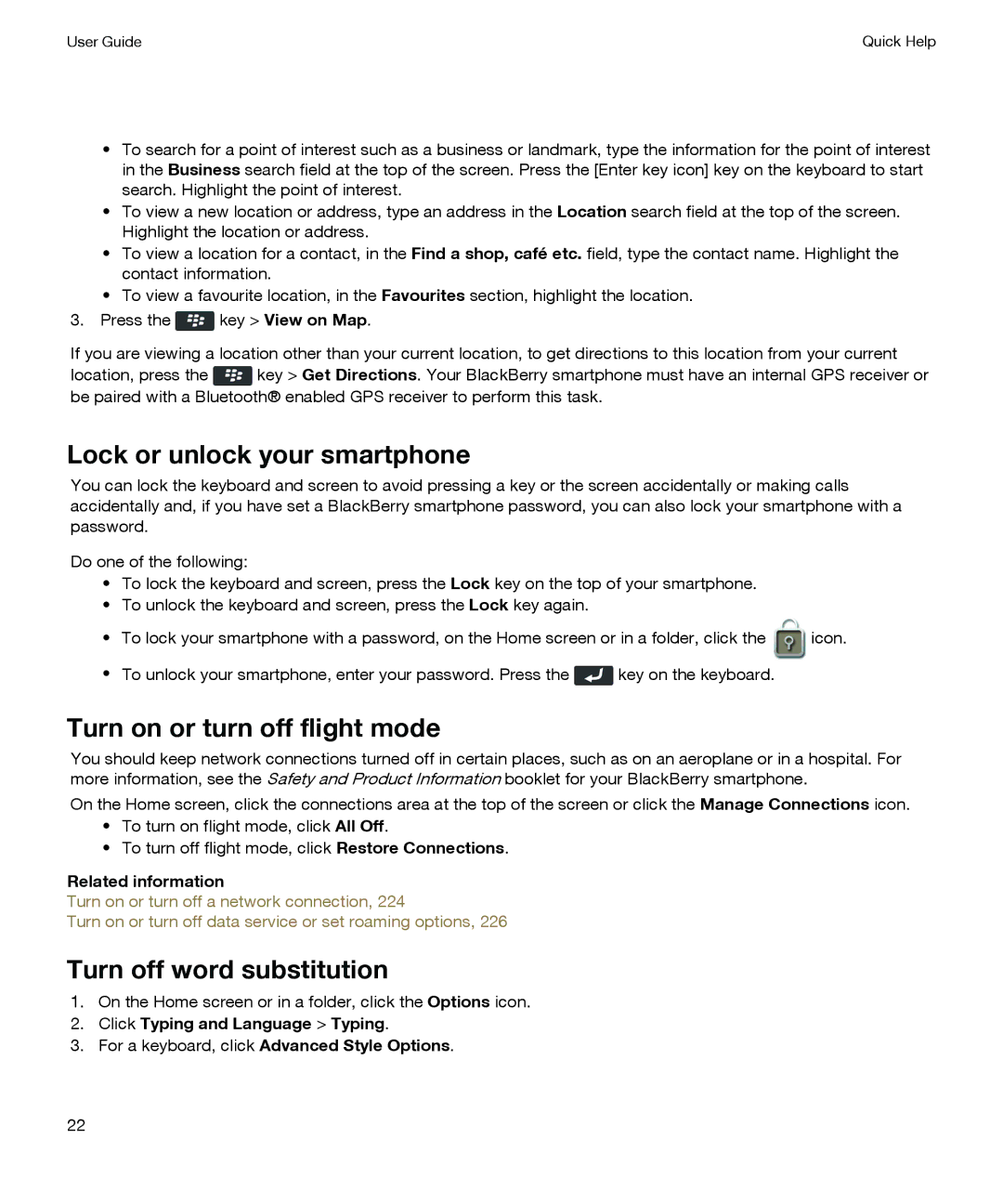 Blackberry P'9981 manual Lock or unlock your smartphone, Turn on or turn off flight mode, Turn off word substitution 