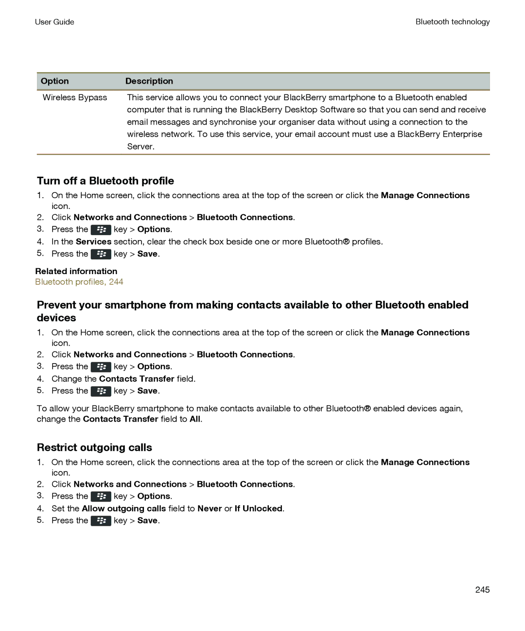 Blackberry P'9981 manual Turn off a Bluetooth profile, Restrict outgoing calls, Change the Contacts Transfer field 