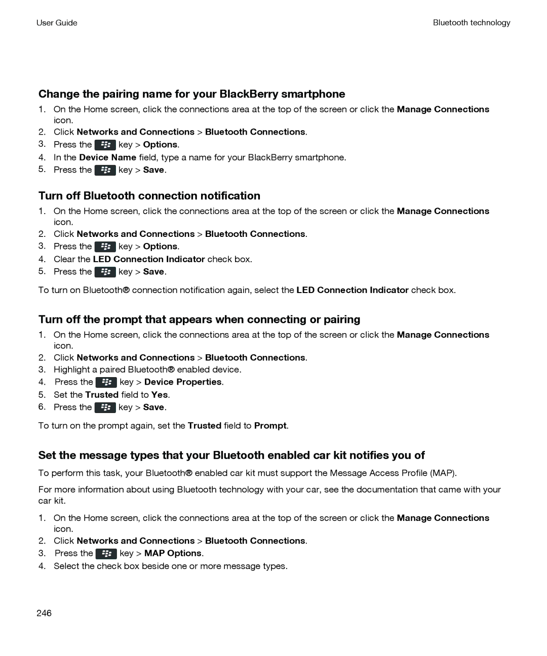 Blackberry P'9981 manual Change the pairing name for your BlackBerry smartphone, Turn off Bluetooth connection notification 