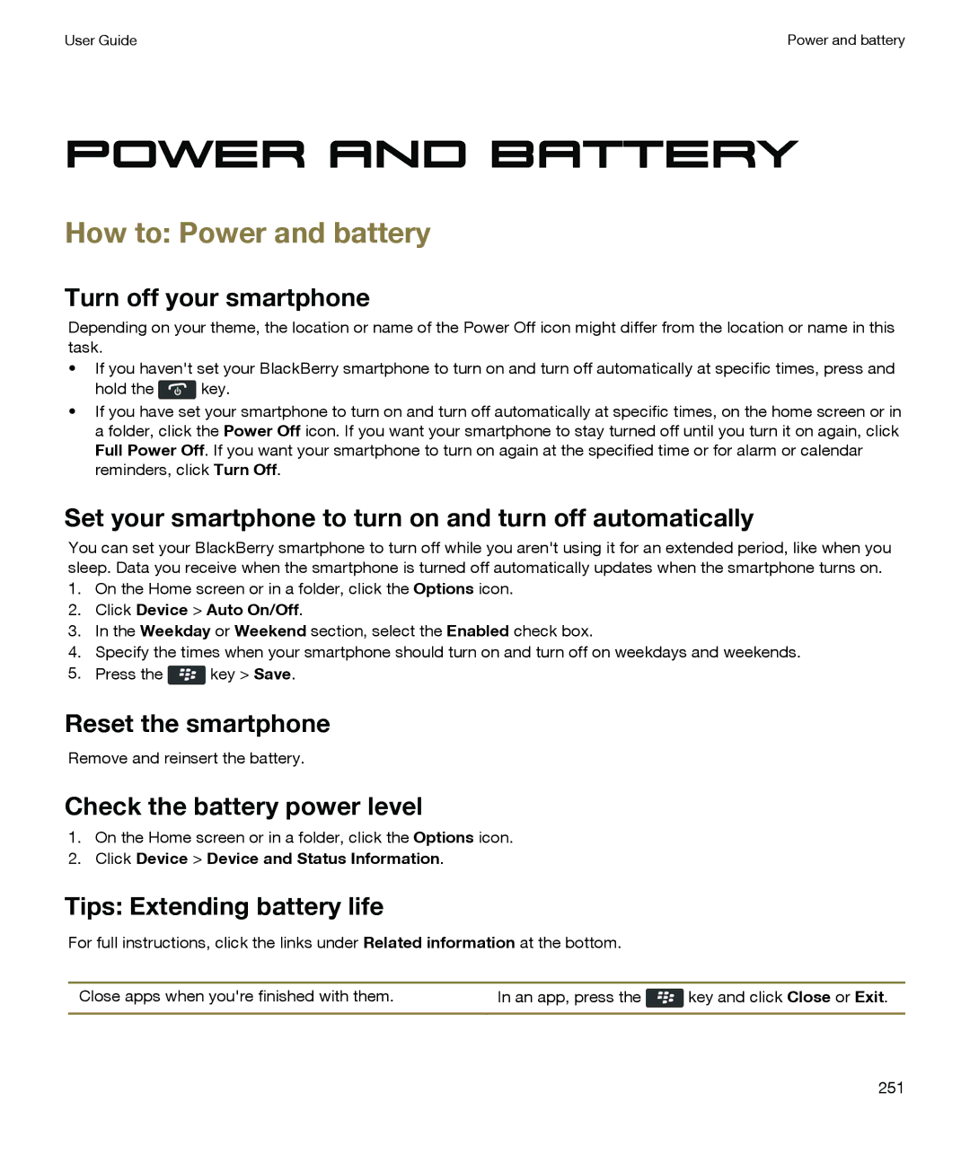 Blackberry P'9981 manual How to Power and battery 