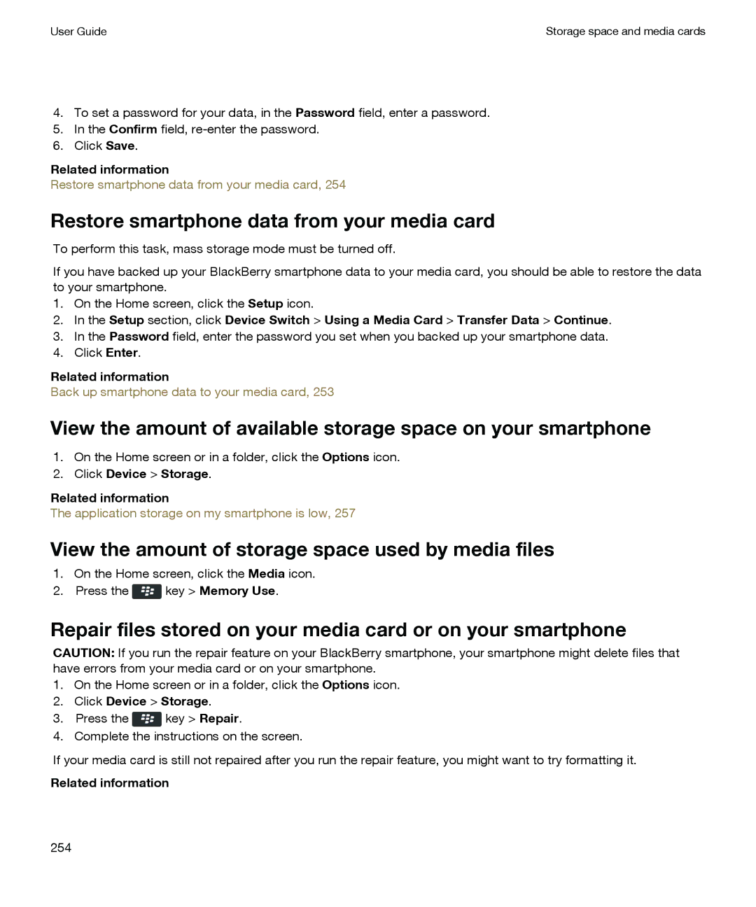 Blackberry P'9981 manual Restore smartphone data from your media card, View the amount of storage space used by media files 