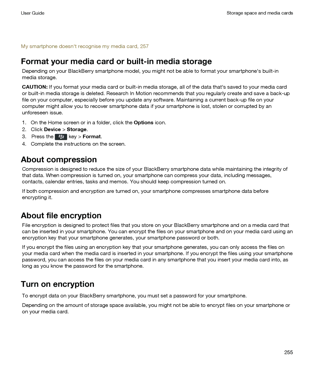 Blackberry P'9981 manual Format your media card or built-in media storage, About compression, About file encryption 