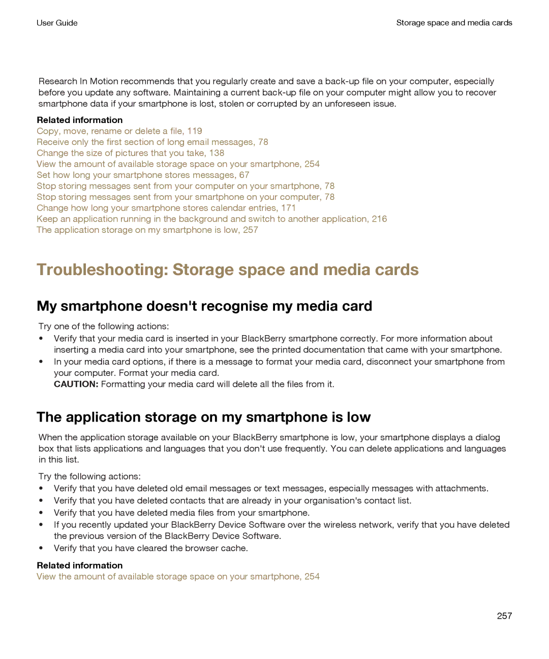 Blackberry P'9981 manual Troubleshooting Storage space and media cards, My smartphone doesnt recognise my media card 