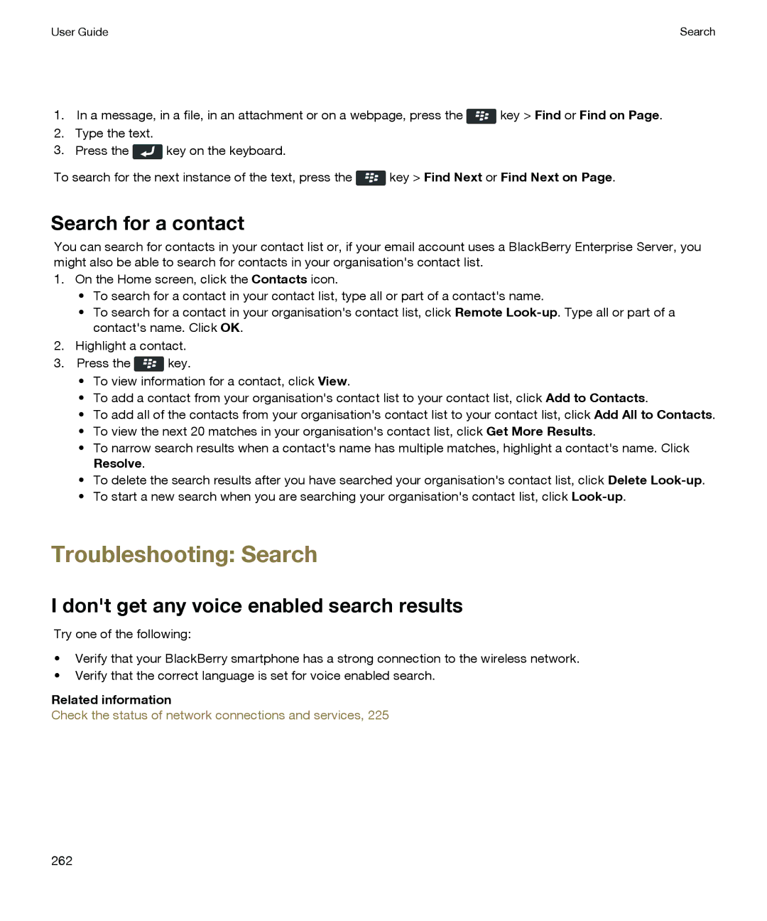 Blackberry P'9981 manual Troubleshooting Search, Search for a contact, Dont get any voice enabled search results 