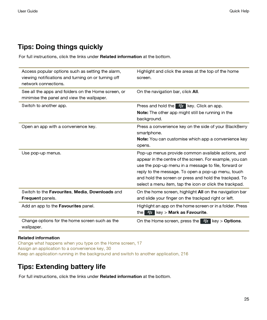 Blackberry P'9981 Tips Doing things quickly, Tips Extending battery life, Switch to the Favourites , Media , Downloads 