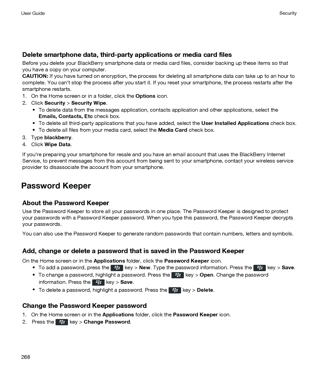 Blackberry P'9981 manual About the Password Keeper, Change the Password Keeper password, Click Security Security Wipe 
