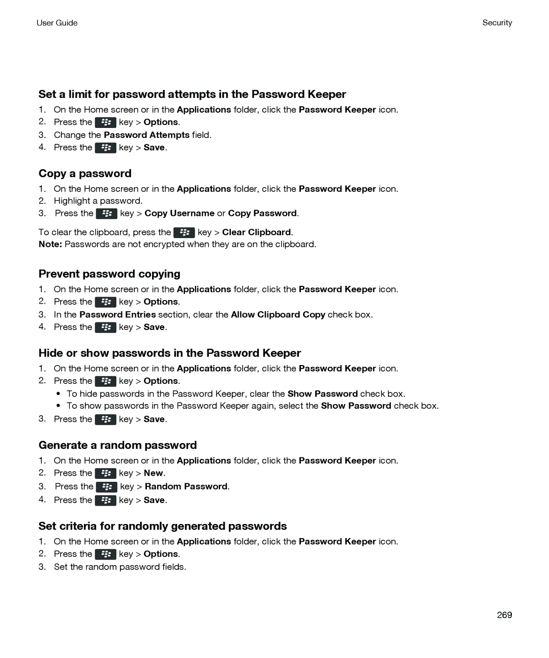 Blackberry P'9981 Set a limit for password attempts in the Password Keeper, Copy a password, Prevent password copying 