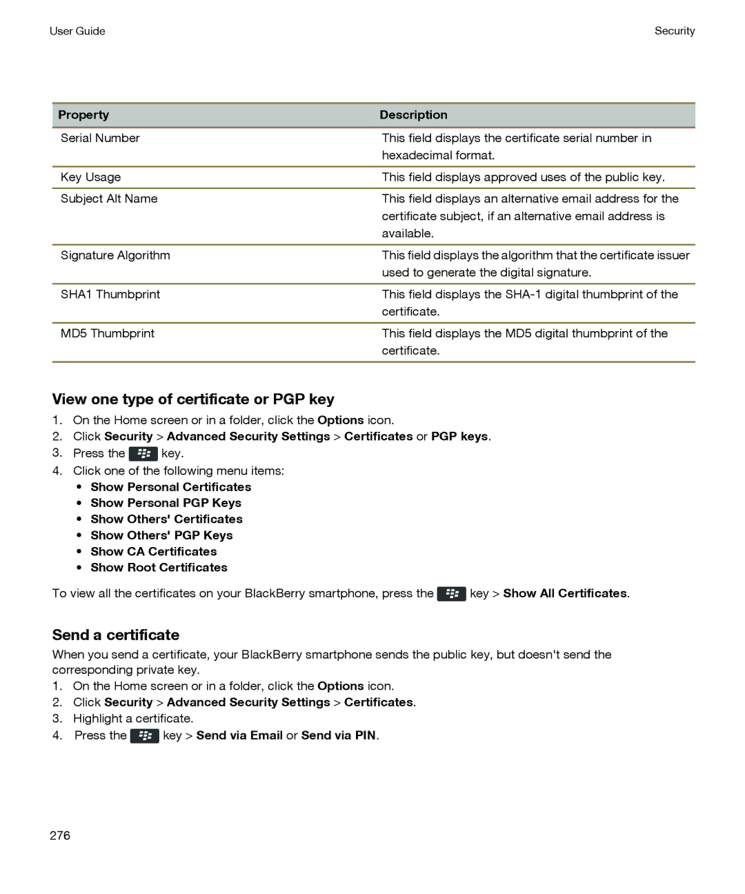 Blackberry P'9981 manual View one type of certificate or PGP key, Send a certificate 