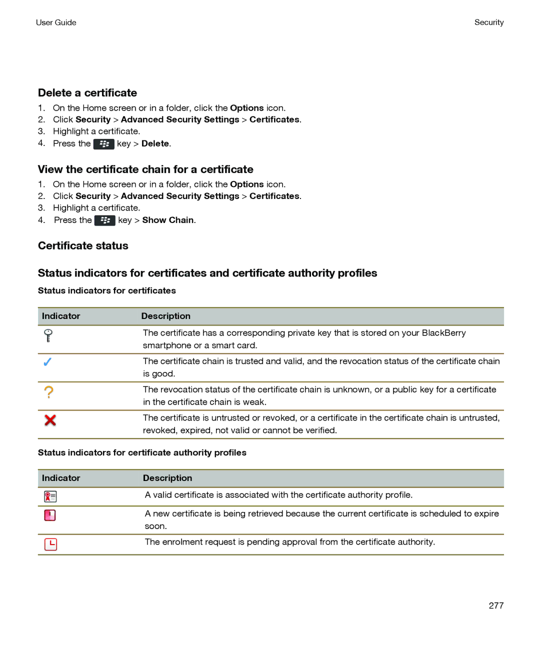 Blackberry P'9981 manual Delete a certificate, View the certificate chain for a certificate 