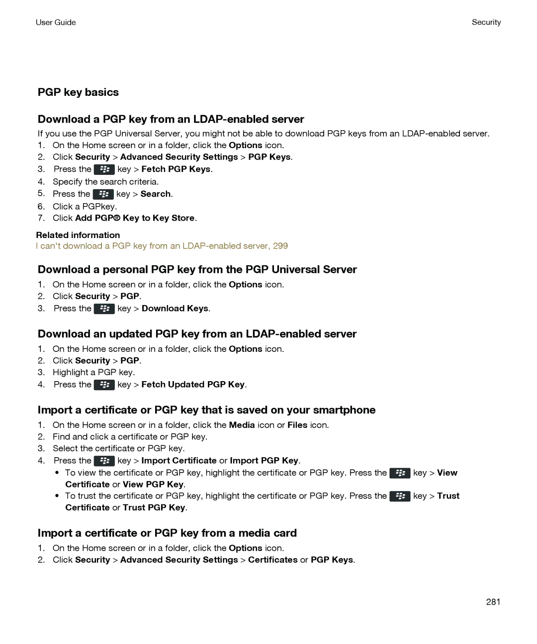Blackberry P'9981 manual Download a personal PGP key from the PGP Universal Server, Press the key Fetch Updated PGP Key 