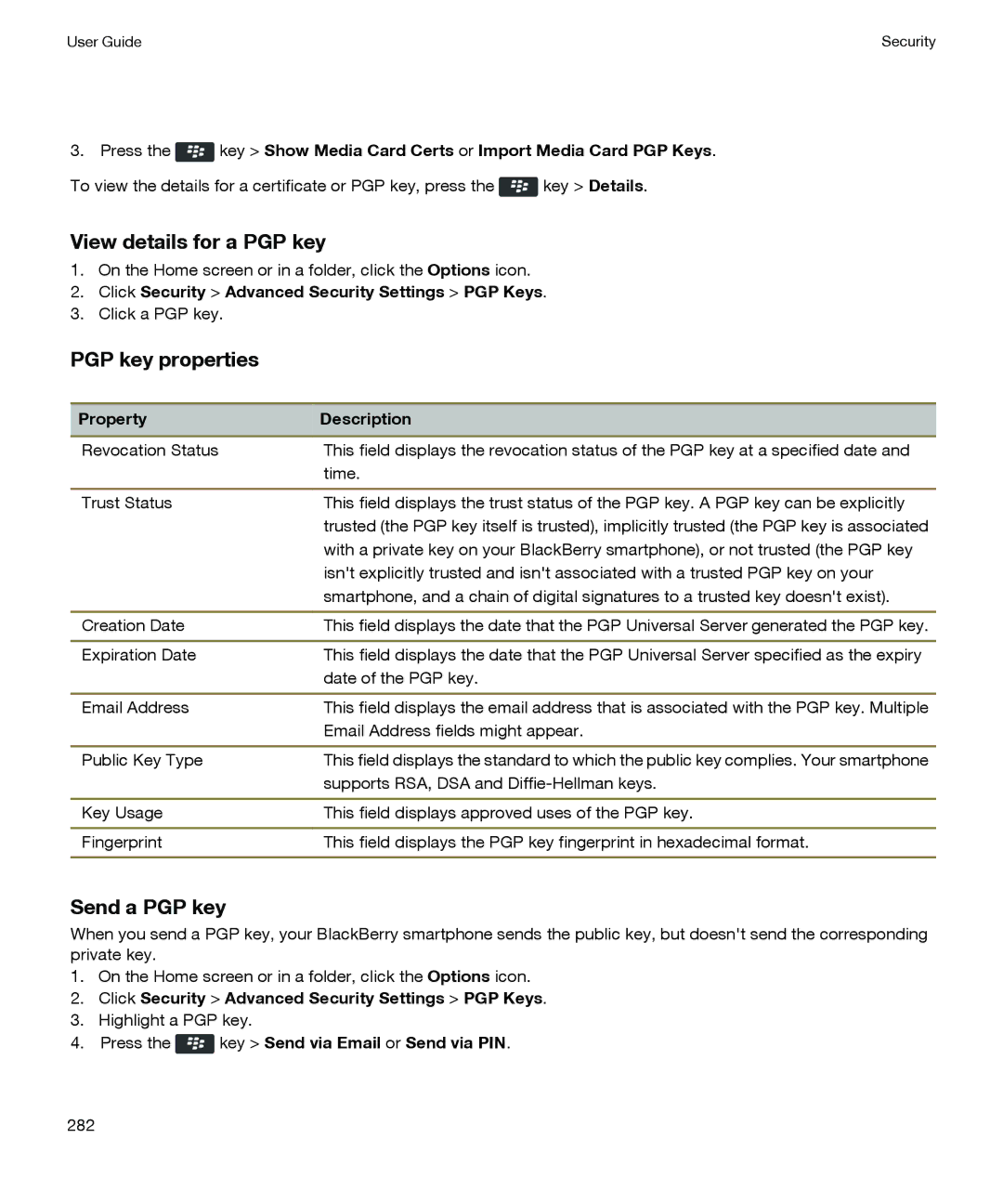 Blackberry P'9981 manual View details for a PGP key, PGP key properties, Send a PGP key 