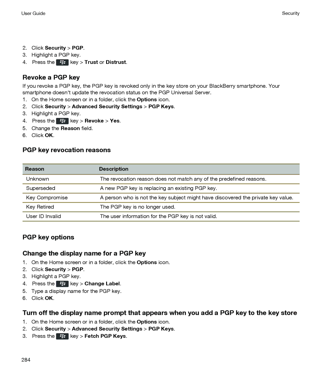 Blackberry P'9981 Revoke a PGP key, PGP key revocation reasons, PGP key options Change the display name for a PGP key 