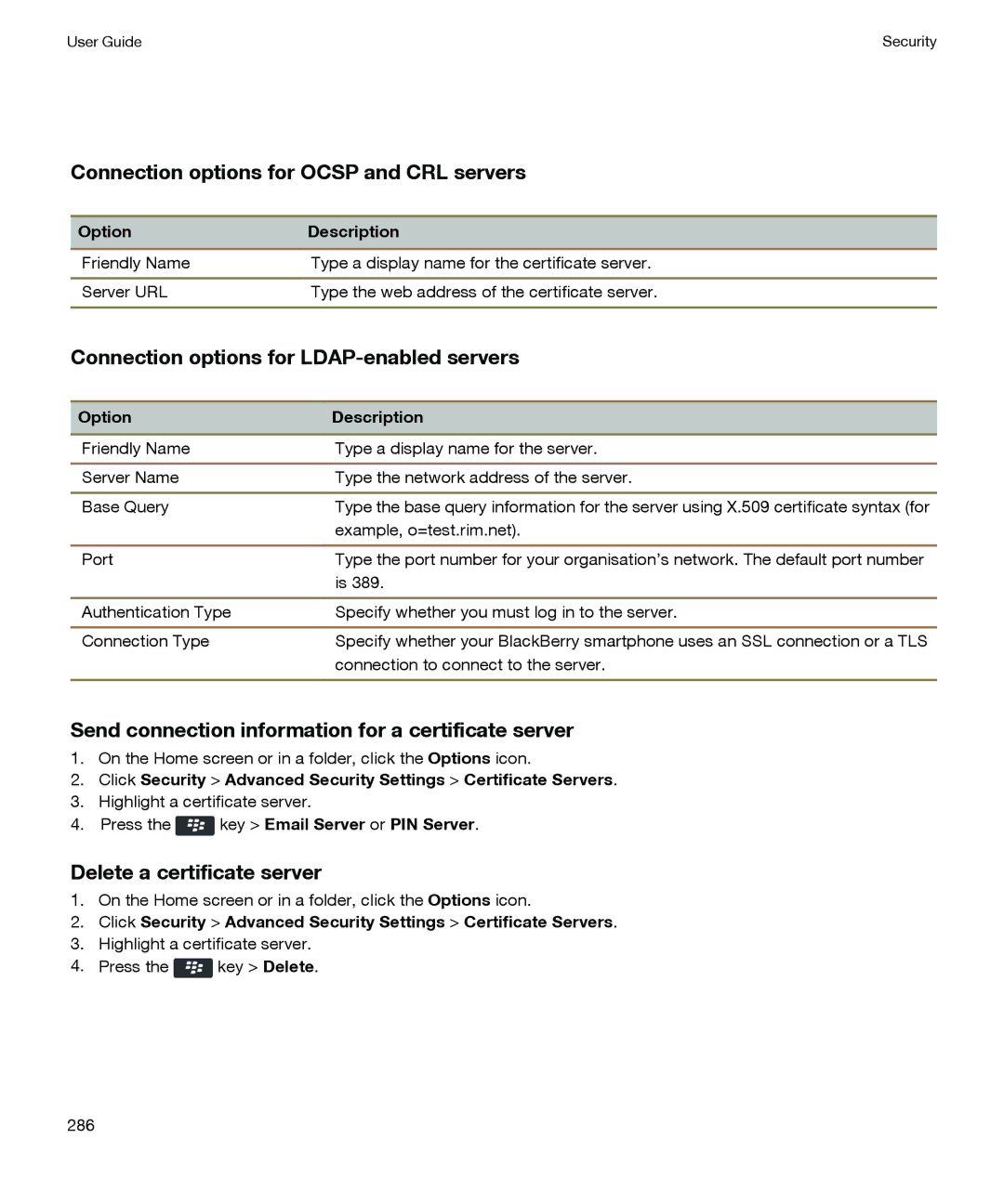 Blackberry P'9981 manual Connection options for Ocsp and CRL servers, Connection options for LDAP-enabled servers 