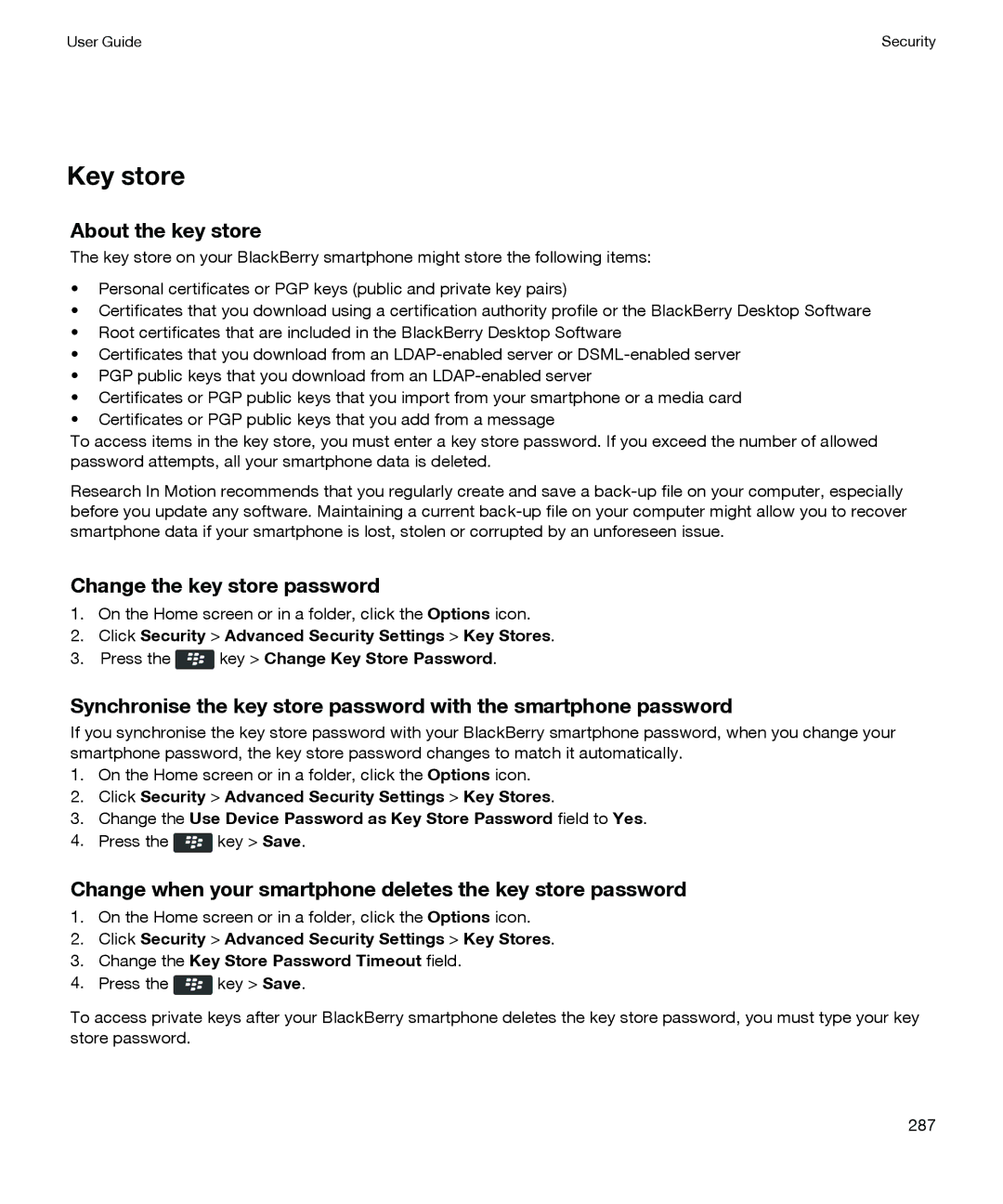 Blackberry P'9981 manual Key store, About the key store, Change the key store password 