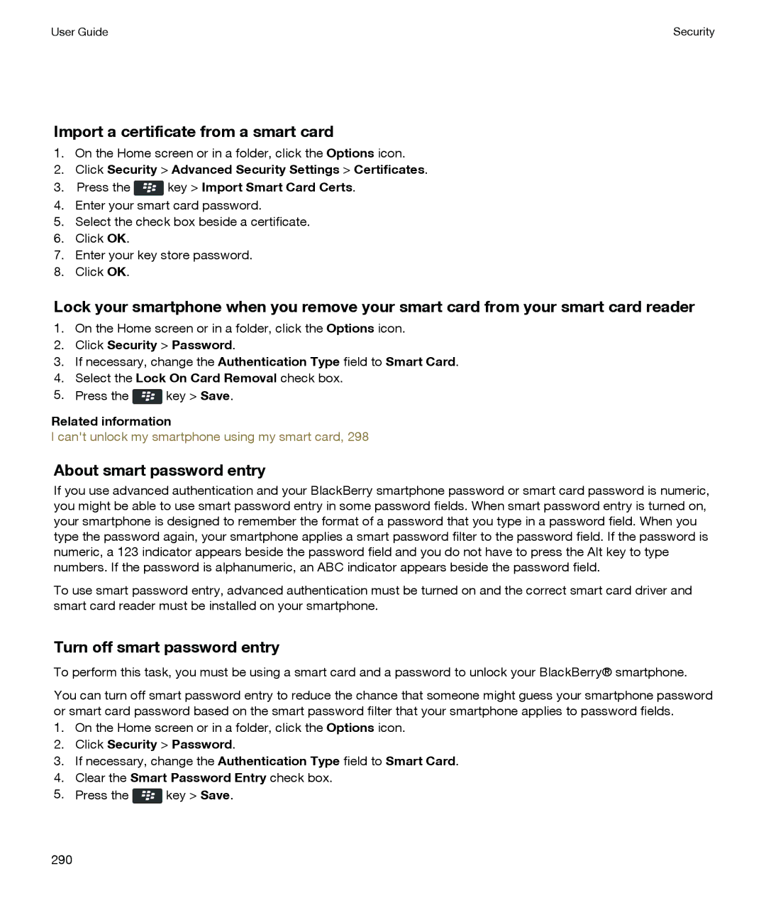 Blackberry P'9981 manual Import a certificate from a smart card, About smart password entry, Turn off smart password entry 