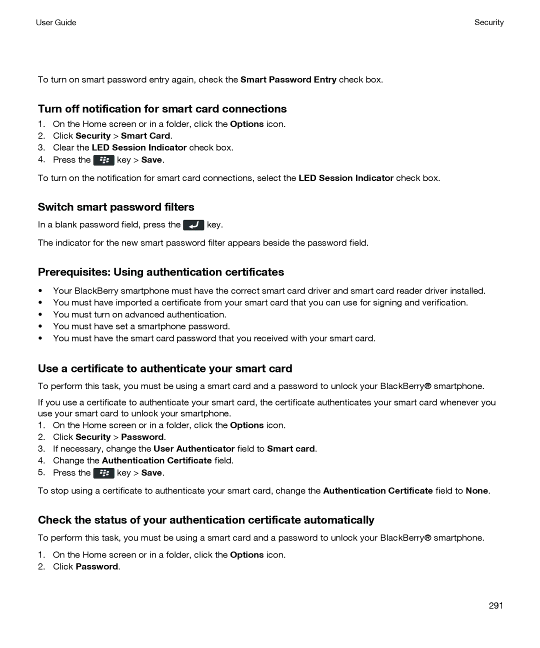 Blackberry P'9981 manual Turn off notification for smart card connections, Switch smart password filters 