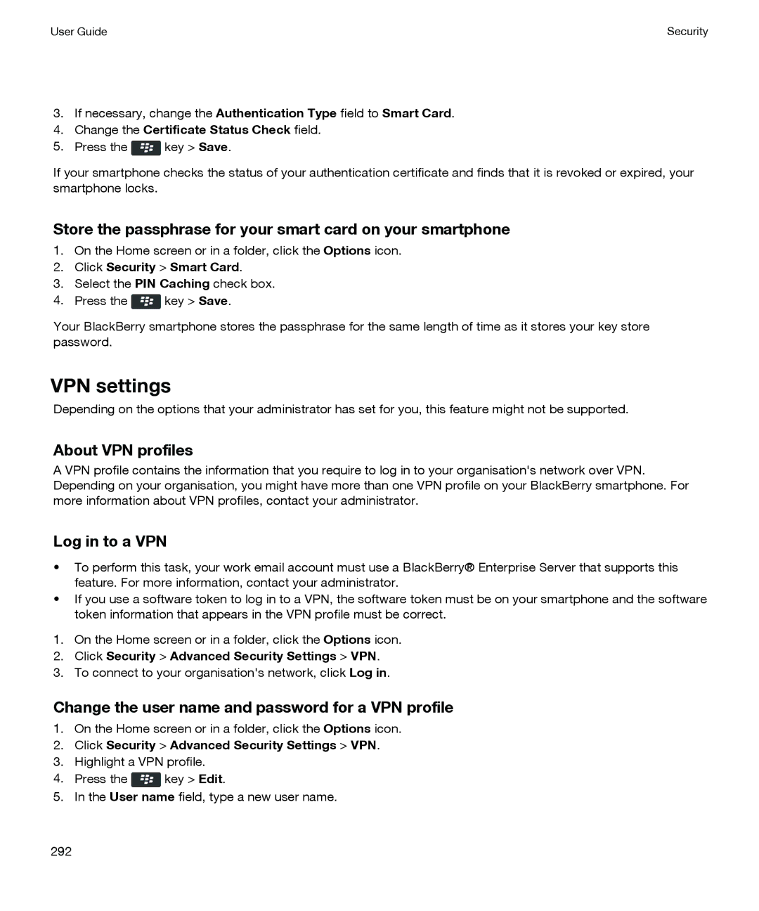 Blackberry P'9981 manual VPN settings, Store the passphrase for your smart card on your smartphone, About VPN profiles 