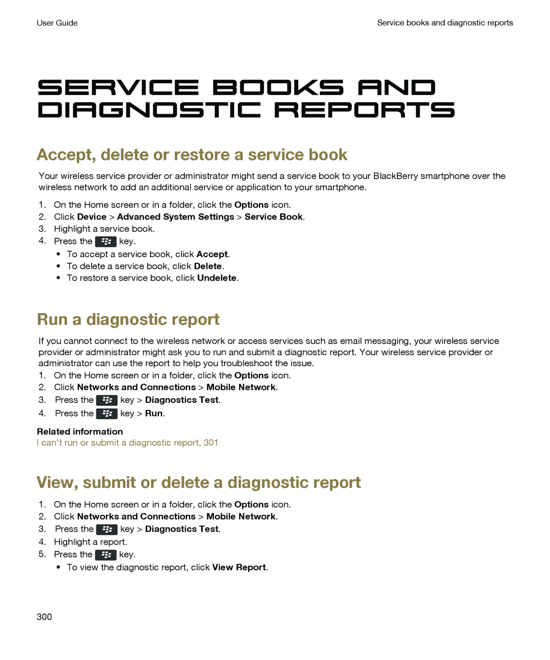 Blackberry P'9981 Service books and diagnostic reports, Accept, delete or restore a service book, Run a diagnostic report 