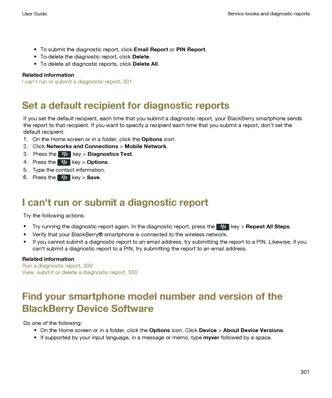 Blackberry P'9981 manual Set a default recipient for diagnostic reports, Cant run or submit a diagnostic report 