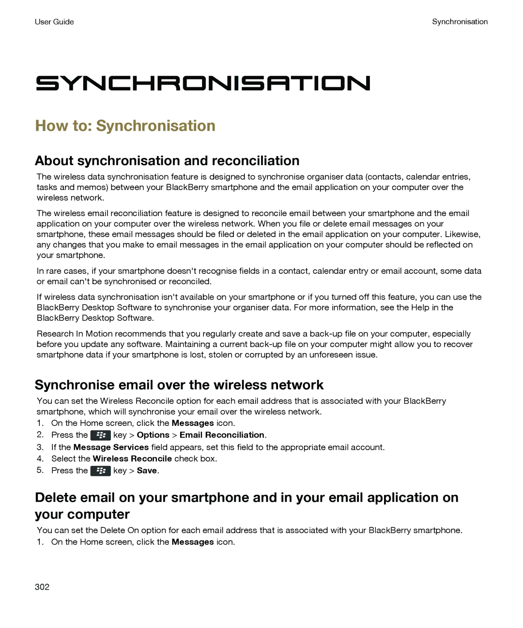 Blackberry P'9981 manual How to Synchronisation, Synchronise email over the wireless network 