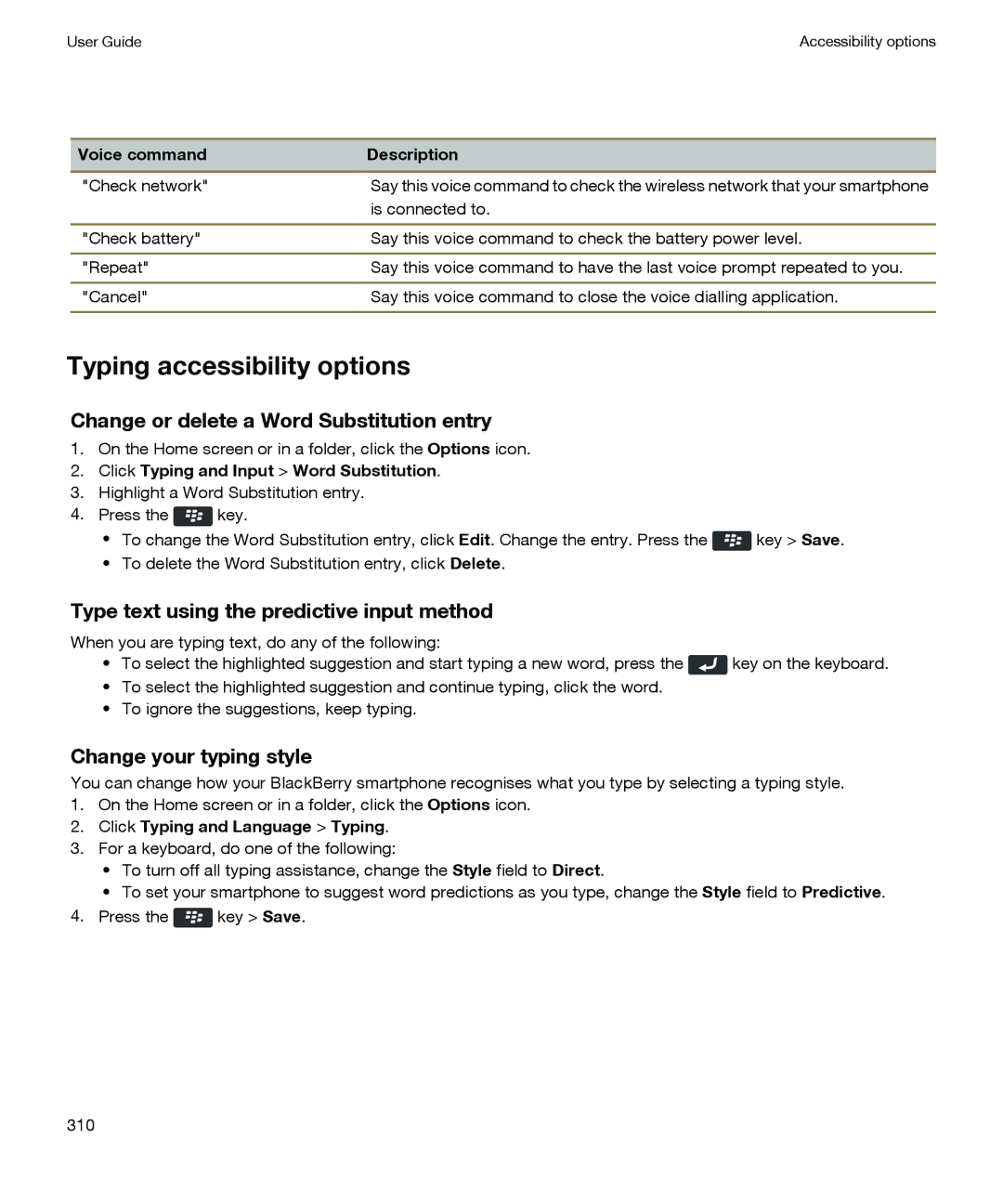 Blackberry P'9981 manual Typing accessibility options, Click Typing and Input Word Substitution 