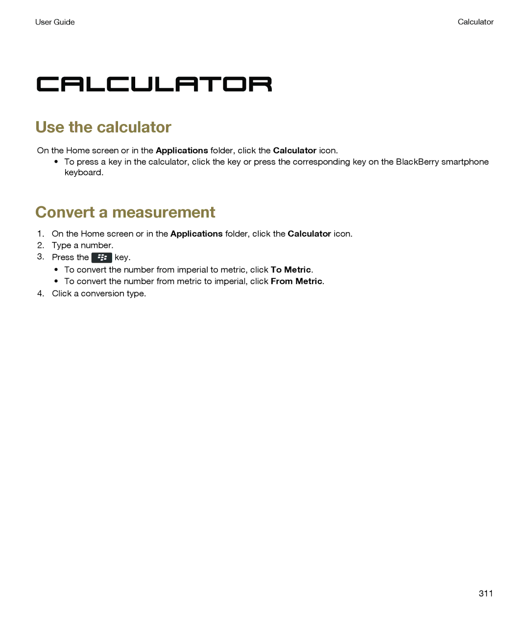 Blackberry P'9981 manual Calculator, Use the calculator, Convert a measurement 