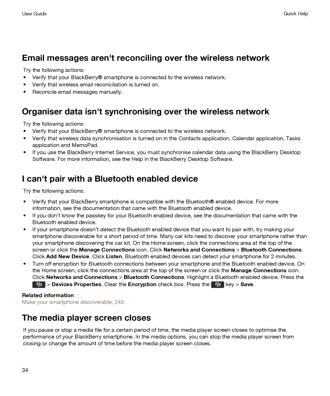 Blackberry P'9981 Email messages arent reconciling over the wireless network, Cant pair with a Bluetooth enabled device 