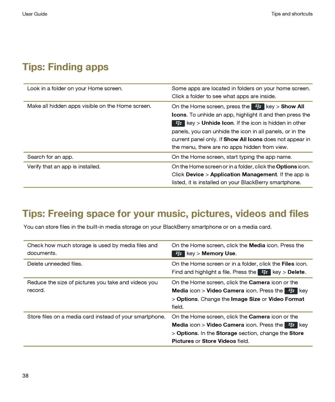 Blackberry P'9981 manual Tips Finding apps, Options. Change the Image Size or Video Format field 