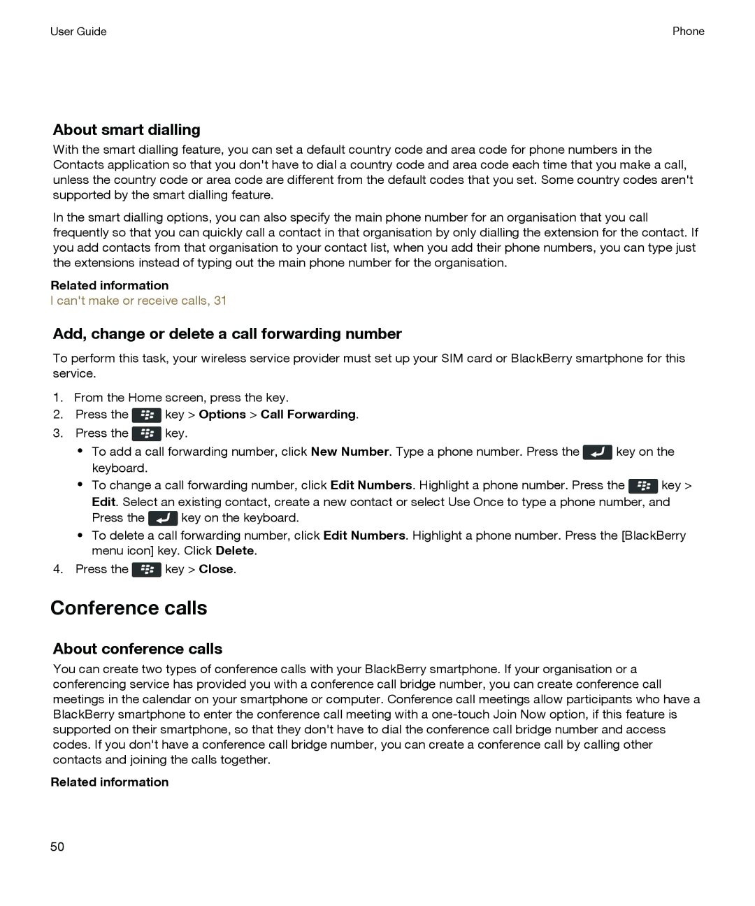 Blackberry P'9981 manual Conference calls, About smart dialling, About conference calls 